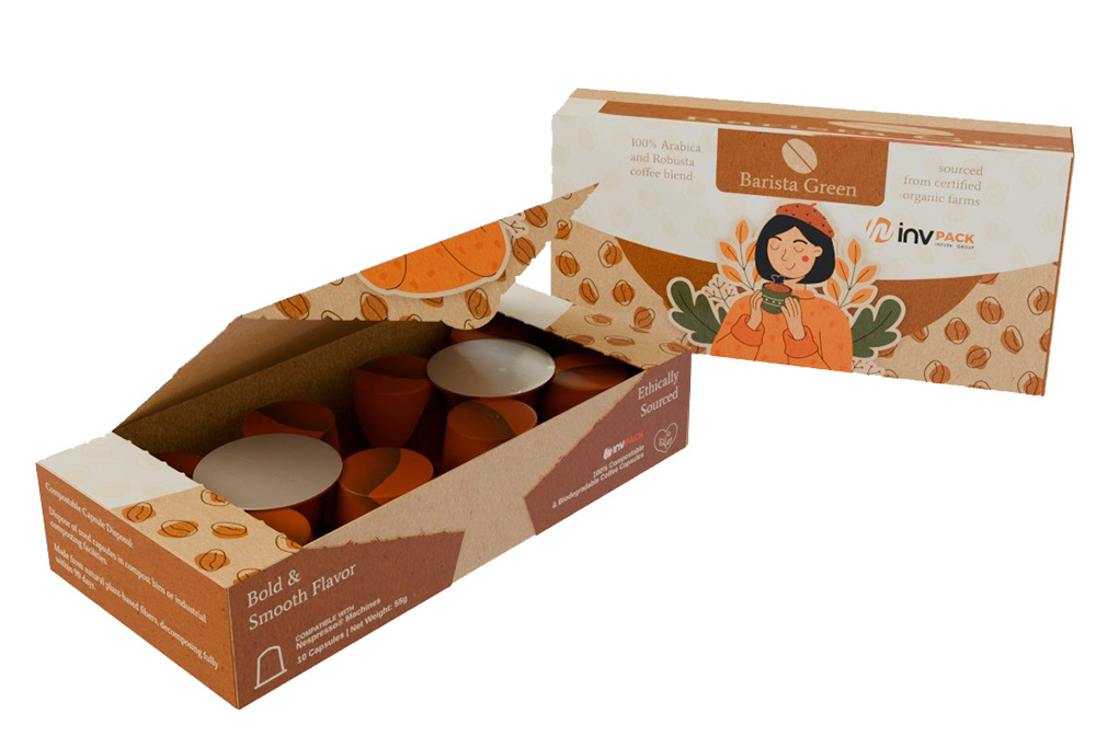Horizontal carton with coffee capsules, packaging format suitable for SL3 cartoning system by INVpack