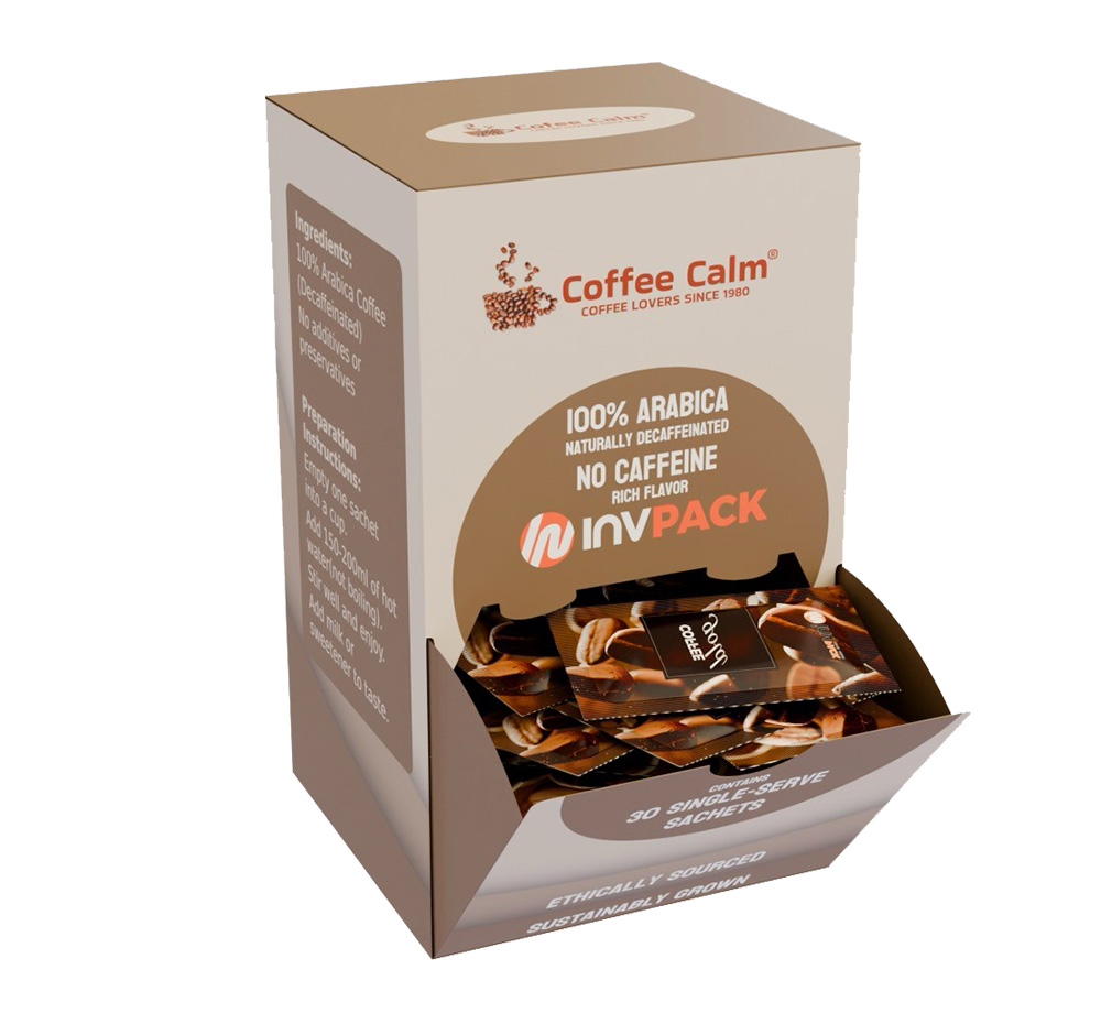 Coffee Calm display box with single-dose sachets, compatible with the SL3 horizontal cartoner from INVpack