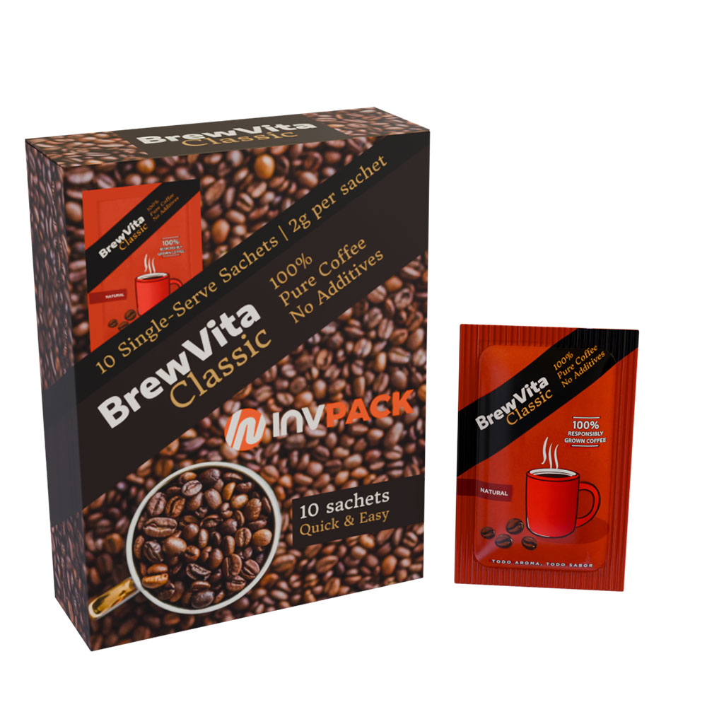 BrewVita Classic coffee sachets in carton box, example of secondary packaging compatible with INVpack’s SL3 horizontal cartoner