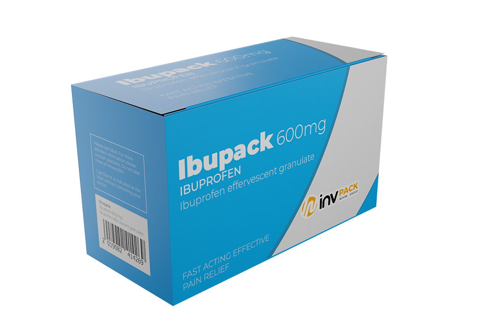 Horizontal carton for tablets Ibupack 600mg, packaged using INVpack’s SL3 cartoning machine
