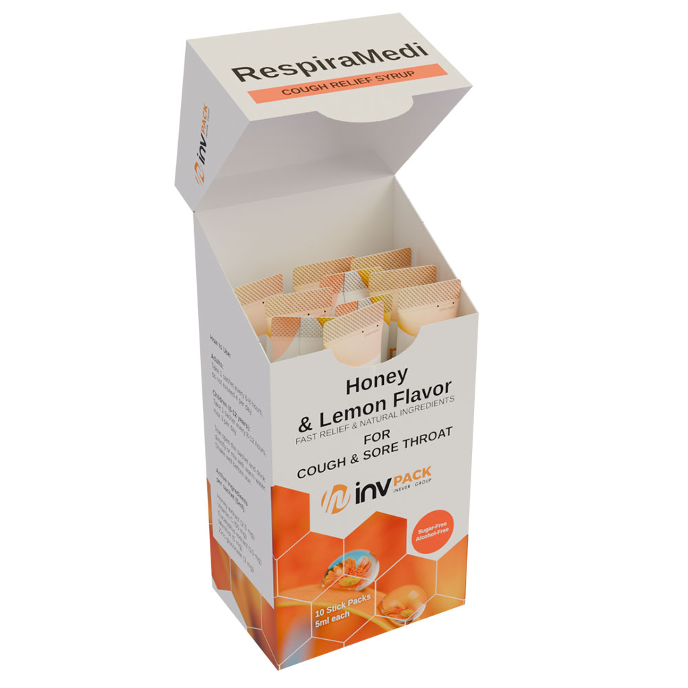 Pharmaceutical RespiraMed carton with stick packs, example of horizontal cartoning with the SL3 machine by INVpack